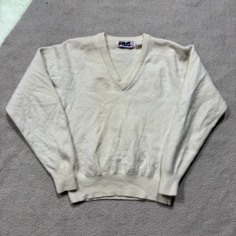 FILA Sweater Womens 38 Extra Small Ivory V-Neck Long Sleeve 100% Wool Vintage